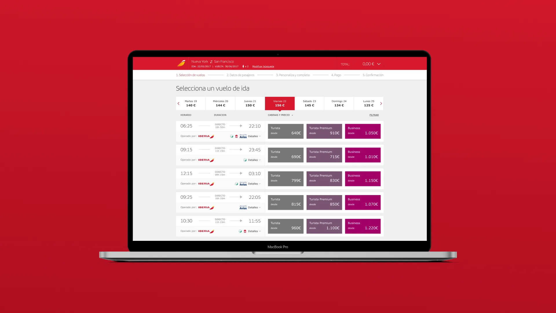 Selección de vuelo de ida: tabla de horarios con tarifas y filtros