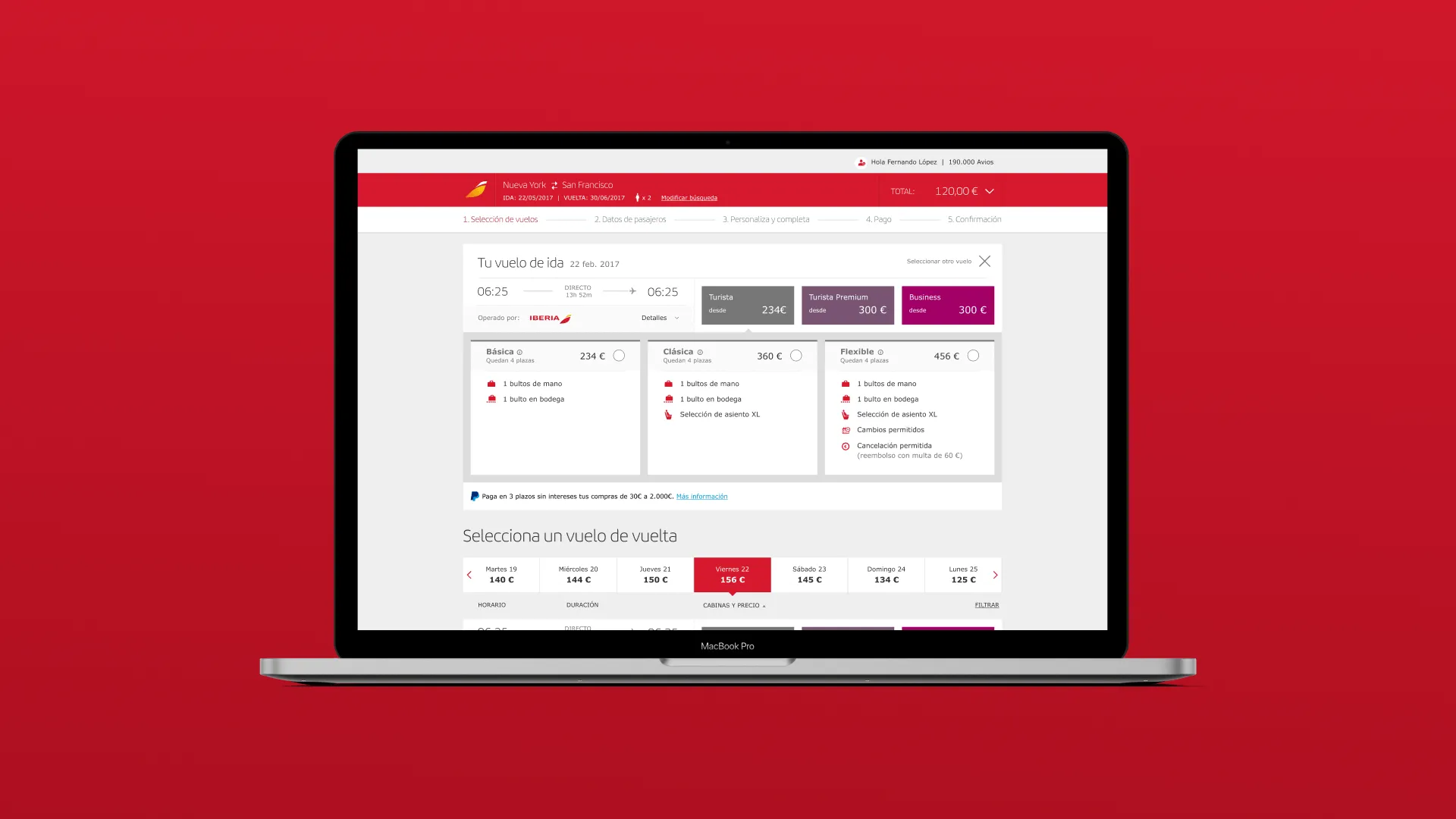 Detalle de vuelo seleccionado: resumen con opciones de tarifa