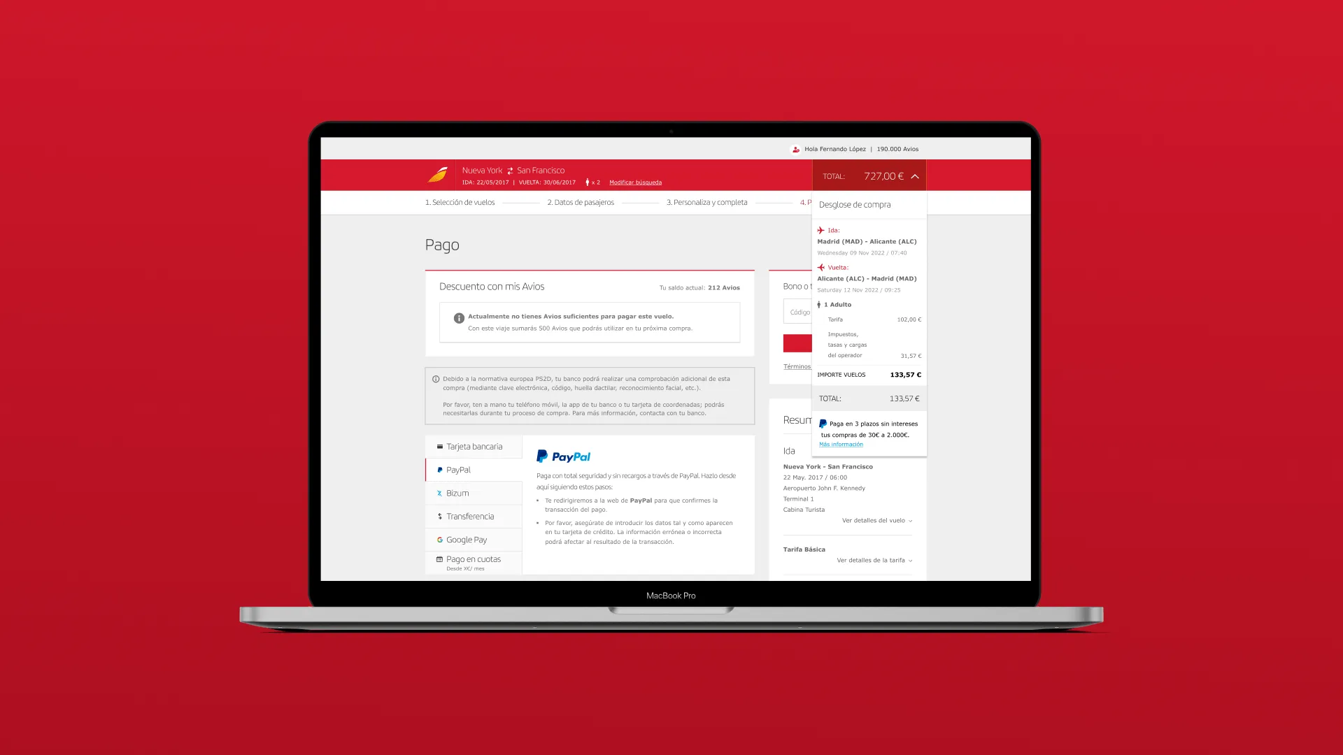 Pago: selección de método (PayPal, tarjeta, transferencia)