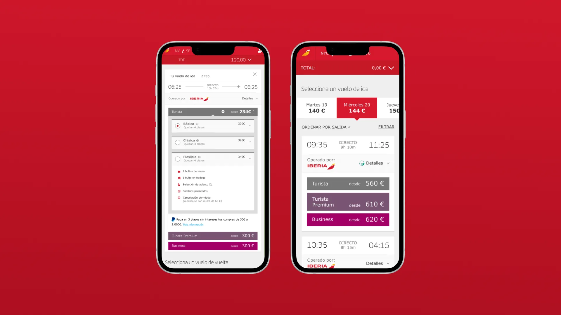 App móvil: selección de vuelo y detalle de horarios con tarifas