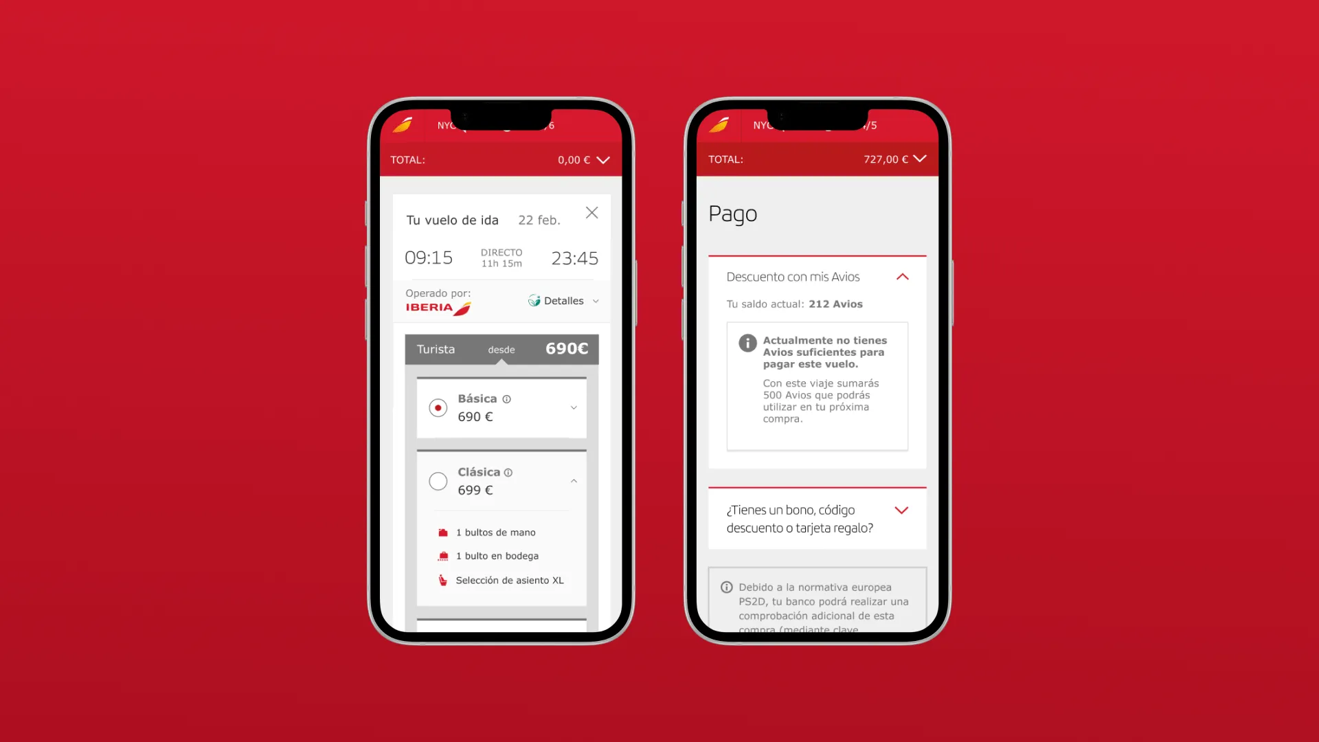 App móvil: detalle de tarifa seleccionada y flujo de pago con Avios