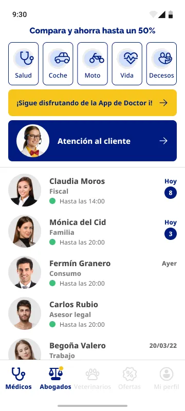 Pestaña Abogados — mismo patrón de listado que Médicos, con áreas legales (Fiscal, Familia, Consumo, Trabajo)