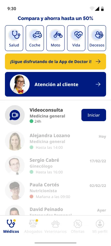 Home de la app — accesos a las 5 verticales de seguro y listado de profesionales con estado en tiempo real (verde/rojo)