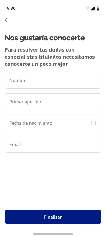 Captura de datos — solo después de comunicar el valor central de la app