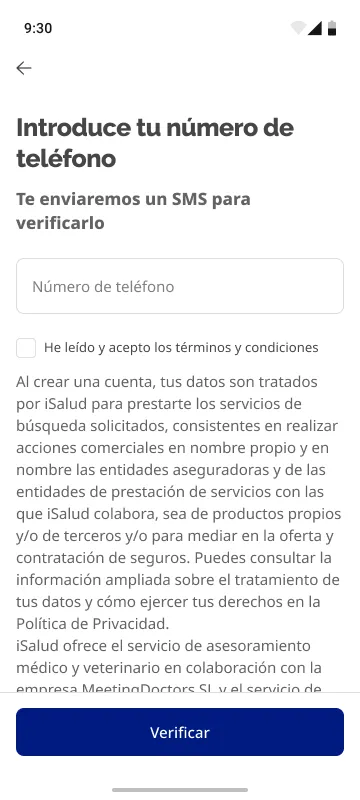 Verificación por SMS — mismo patrón que el tarificador web, ya conocido por el usuario