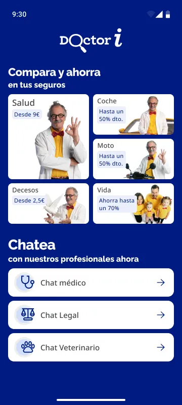 Los tres verticales de consulta explícitos — Chat médico, Chat Legal y Chat Veterinario — junto a la venta cruzada de seguros