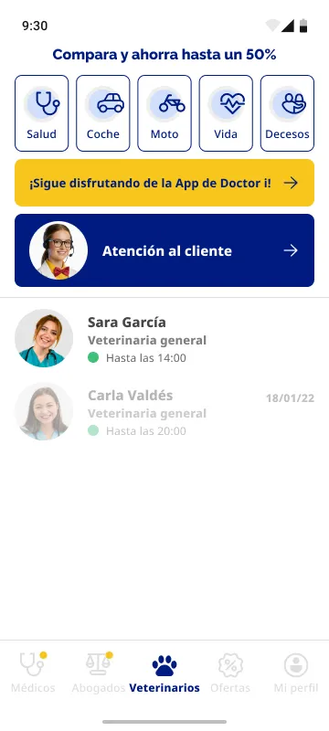Pestaña Veterinarios — idéntico patrón, adaptado a especialidades veterinarias
