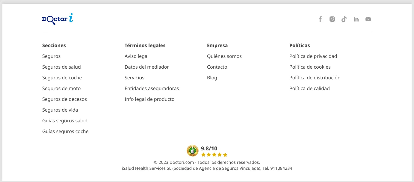 Footer — secciones, términos legales, empresa y políticas, con la identidad legal del mediador