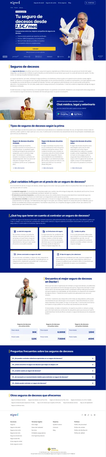 Landing de Seguros de Decesos — comparativa de prima nivelada, mixta y única