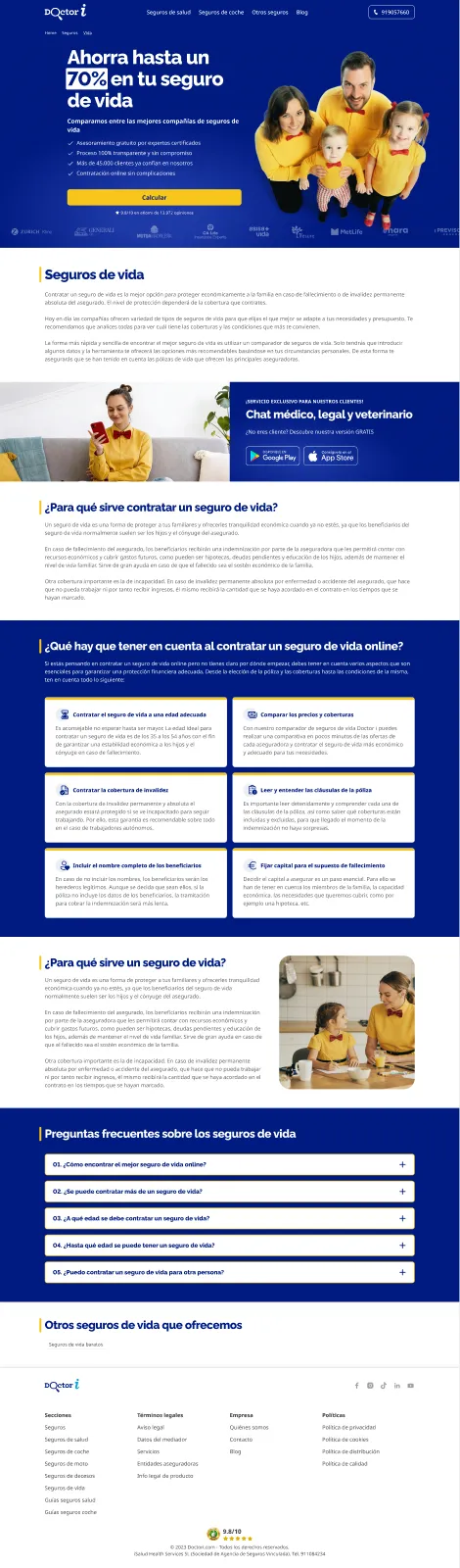 Landing de Seguros de Vida — mismo patrón adaptado a capital asegurado y beneficiarios