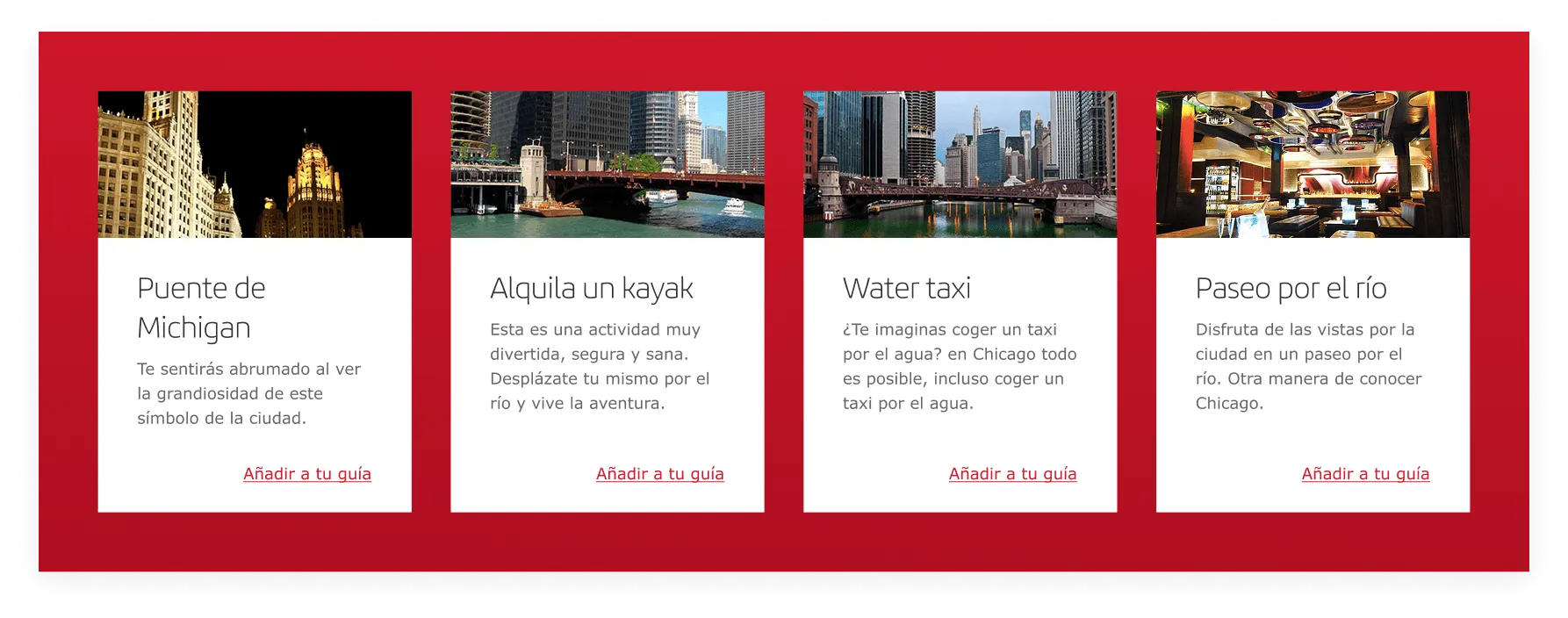 Cards de destino: imagen, título, descripción y CTA para guías de viaje