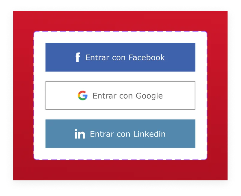 Botones de autenticación social: Facebook, Google y LinkedIn integrados en el sistema