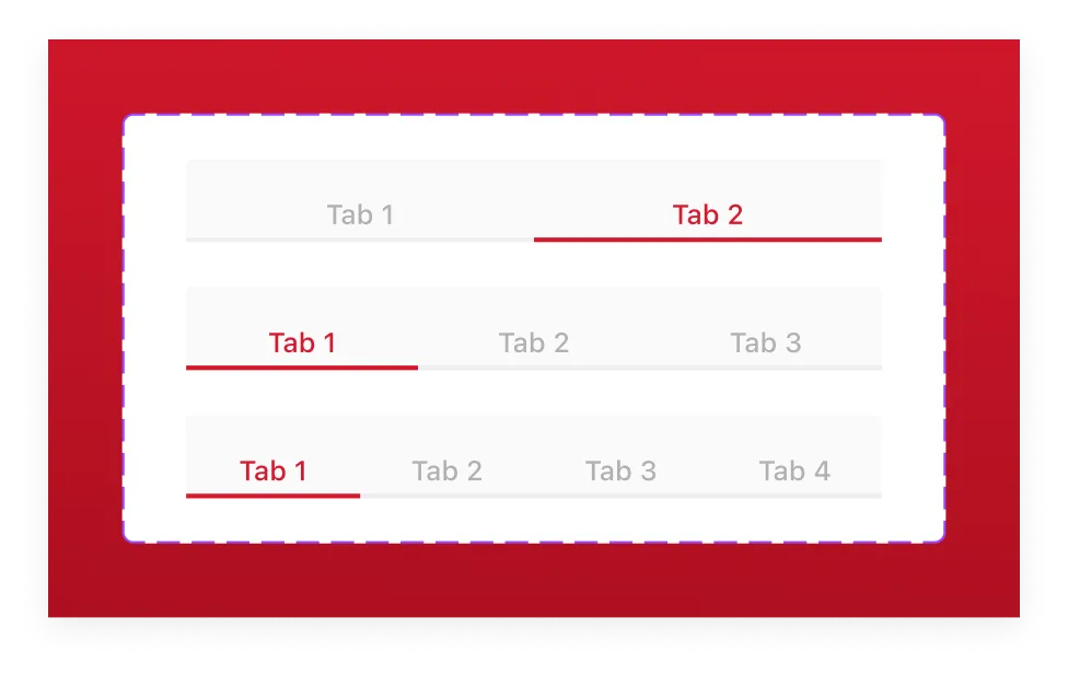 Sistema de tabs: variantes de 2, 3 y 4 elementos con indicador activo basado en tokens