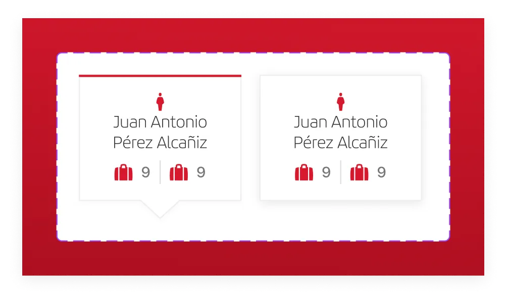 Card de pasajero: datos del viajero con información de equipaje para selección de asientos