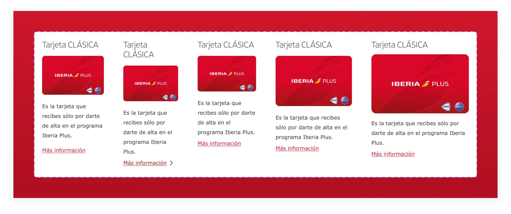 Tarjeta Clásica Iberia Plus: variantes de tamaño y layout para diferentes contextos