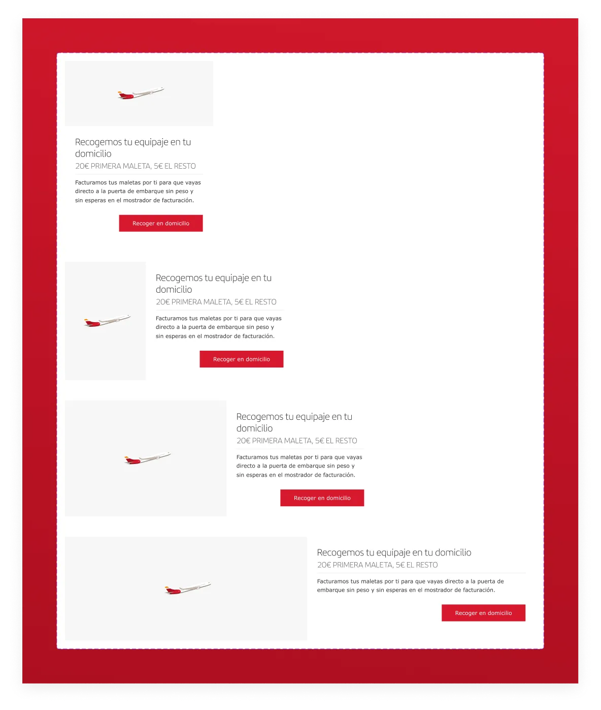 Cards de equipaje: variantes responsive del servicio de recogida a domicilio