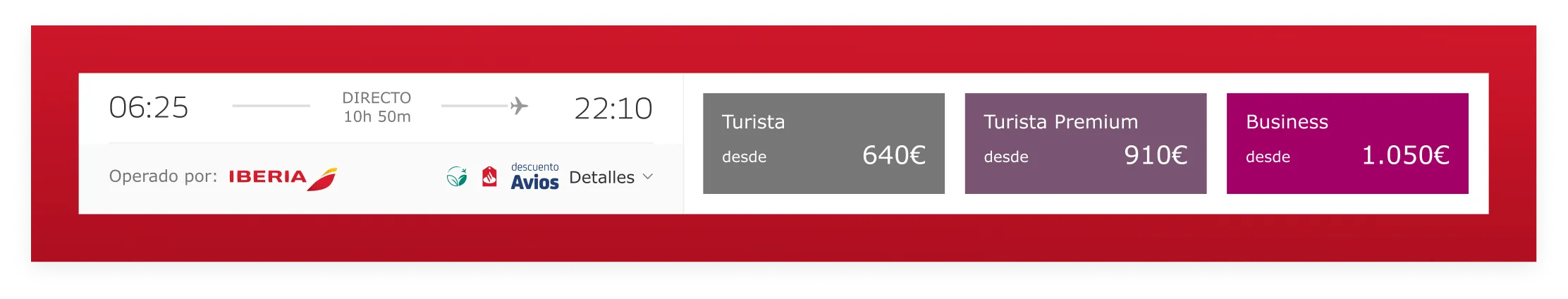 Fila de selección de vuelo: horario, operador y tarifas (Turista, Premium, Business)