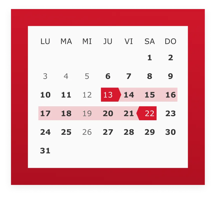 Selector de fechas: calendario con estados de selección y rango basado en tokens
