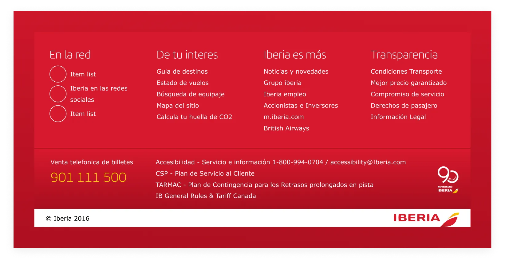 Footer institucional: enlaces, información legal y accesibilidad sobre fondo Rojo Iberia