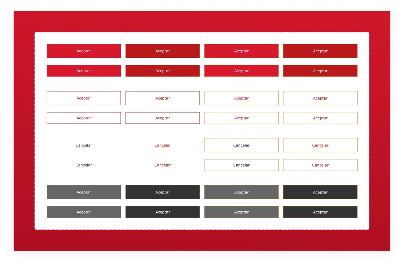 Botones con variantes de color, hover y focus para los diferentes contextos del ecosistema