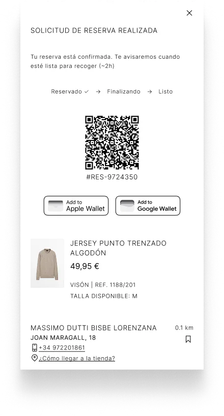 Confirmación inmediata con QR, wallet y referencia de reserva