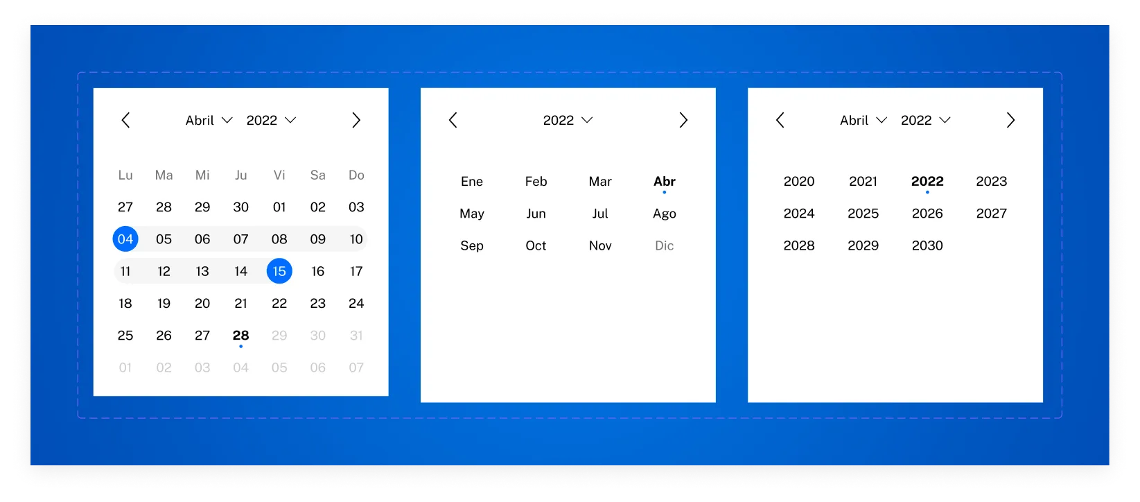 Date picker compacto: variantes de calendario mensual, selector de mes y selector de año