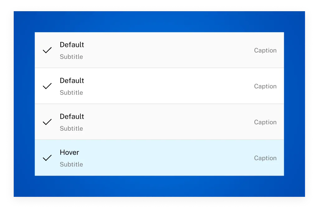 Listas de contenido: items con estados default y hover para movimientos bancarios