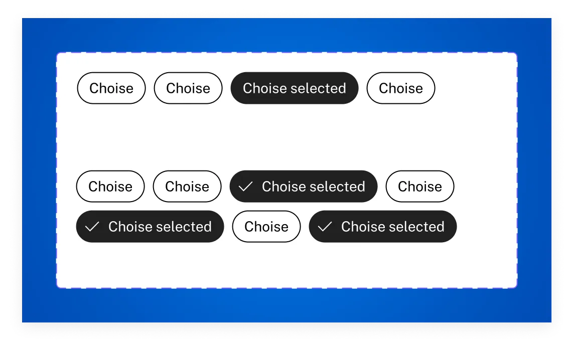 Choice chips: selección simple y múltiple con variantes de icono y check