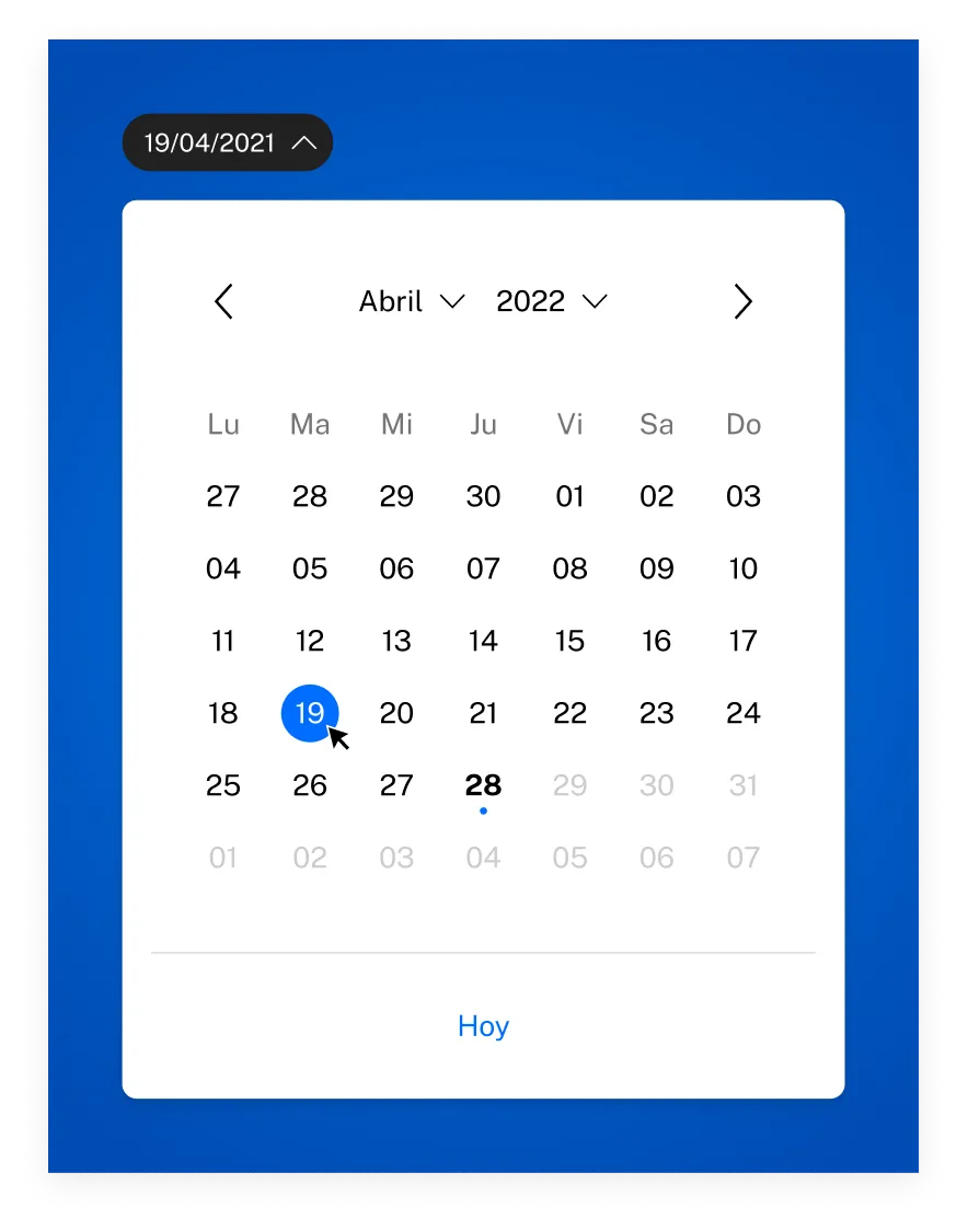 Date picker: calendario completo con selección de día, mes y año
