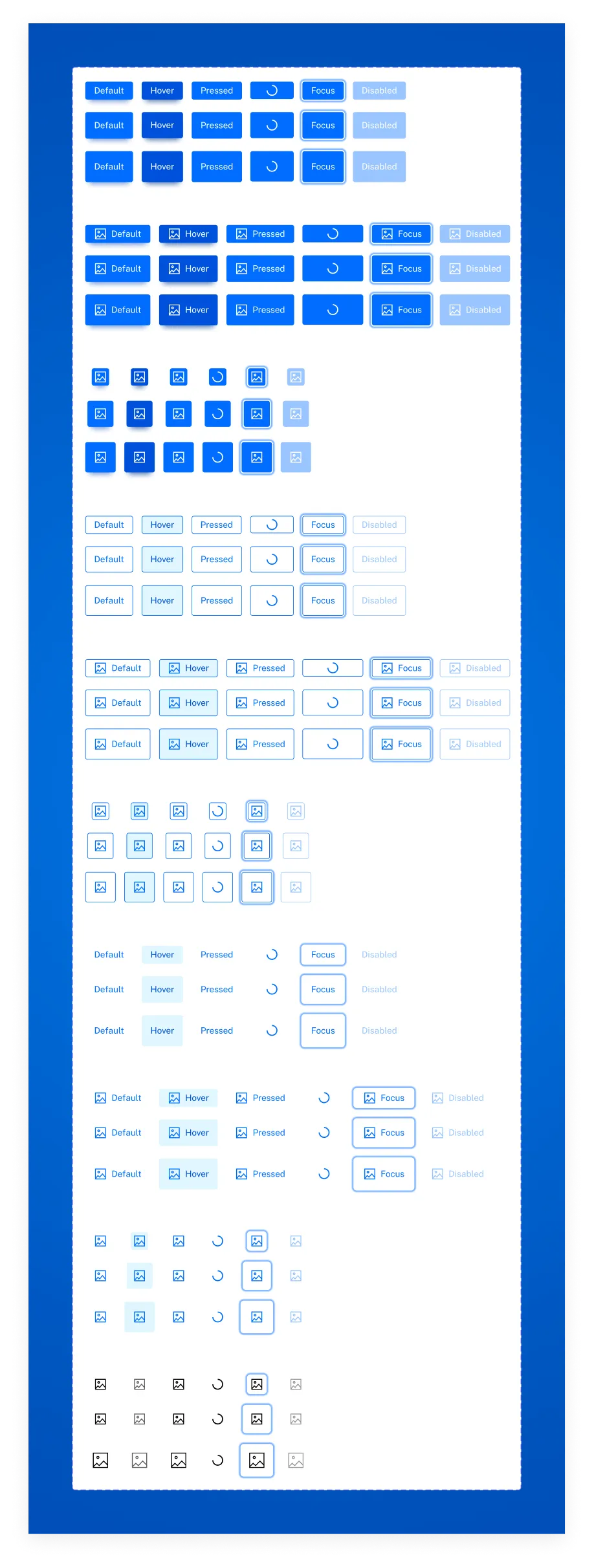 Sistema completo de botones: todas las variantes, tamaños y estados del ecosistema