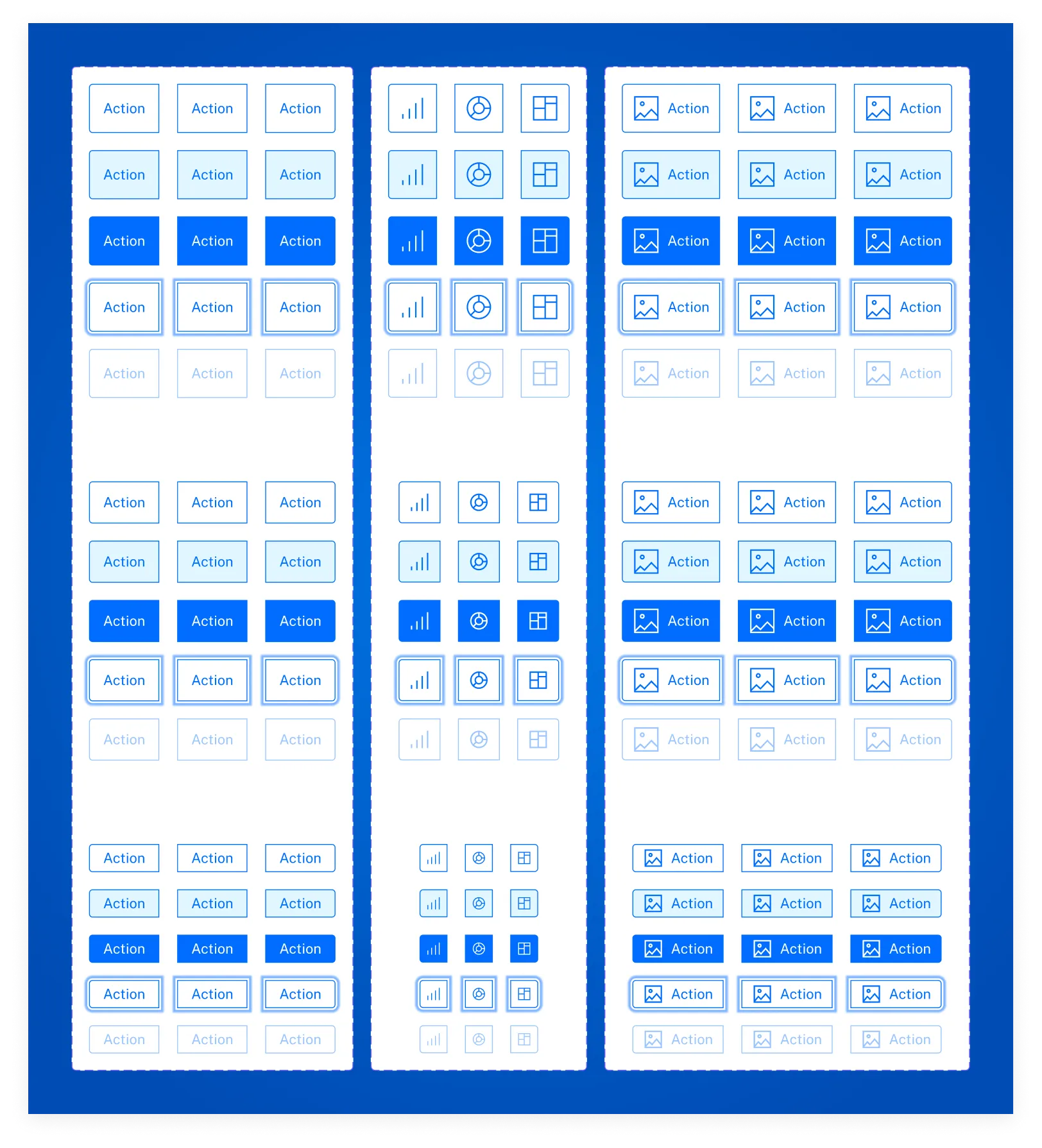 Botones con iconos y variantes de acción: primarios, secundarios, ghost e icon-only con todos sus estados