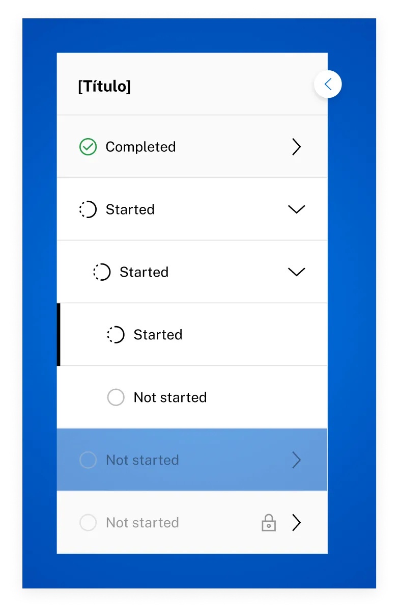 Stepper vertical: estados completed, started, not started y locked para flujos multi-paso