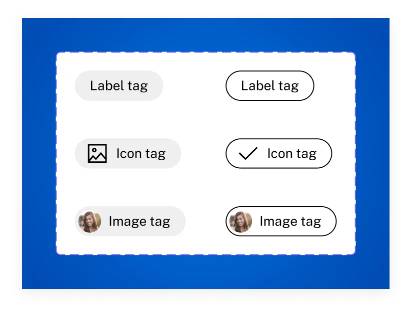 Tags: variantes con label, icono e imagen para categorización de movimientos