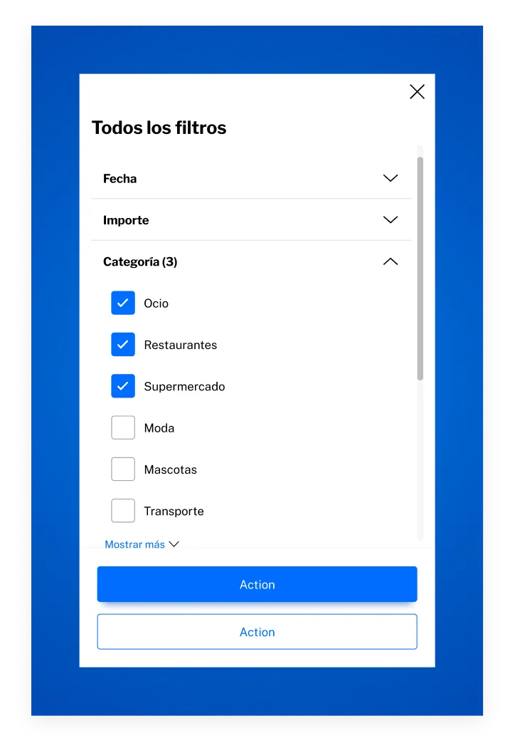 Filtros: bottom sheet con categorías, checkboxes y acciones de aplicar/resetear