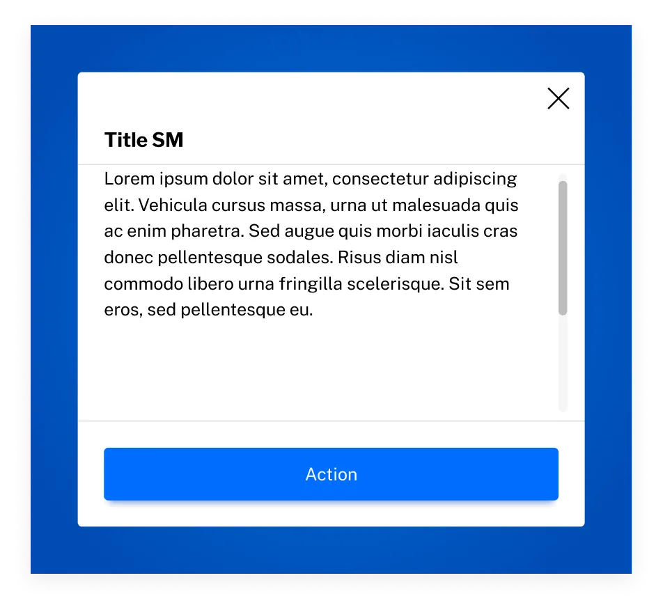 Modal / Bottom sheet: diálogo con título, contenido scrollable y CTA primario