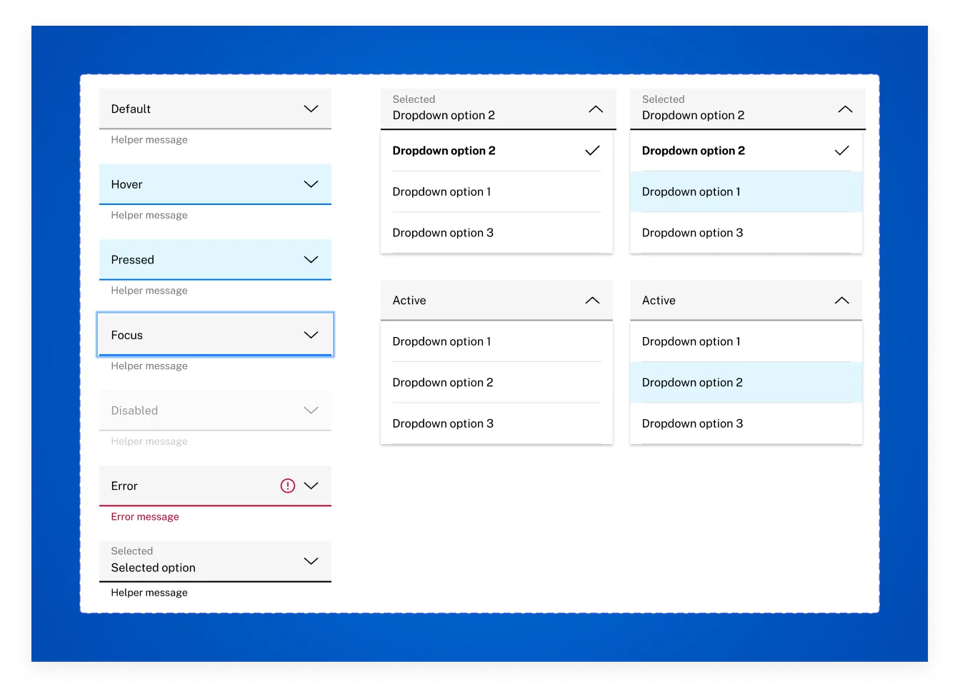 Dropdowns y selectores: estados completos con listado de opciones y variantes light/dark