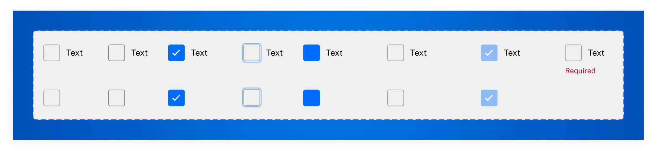 Checkboxes: variantes con y sin label, estados de selección, focus y disabled