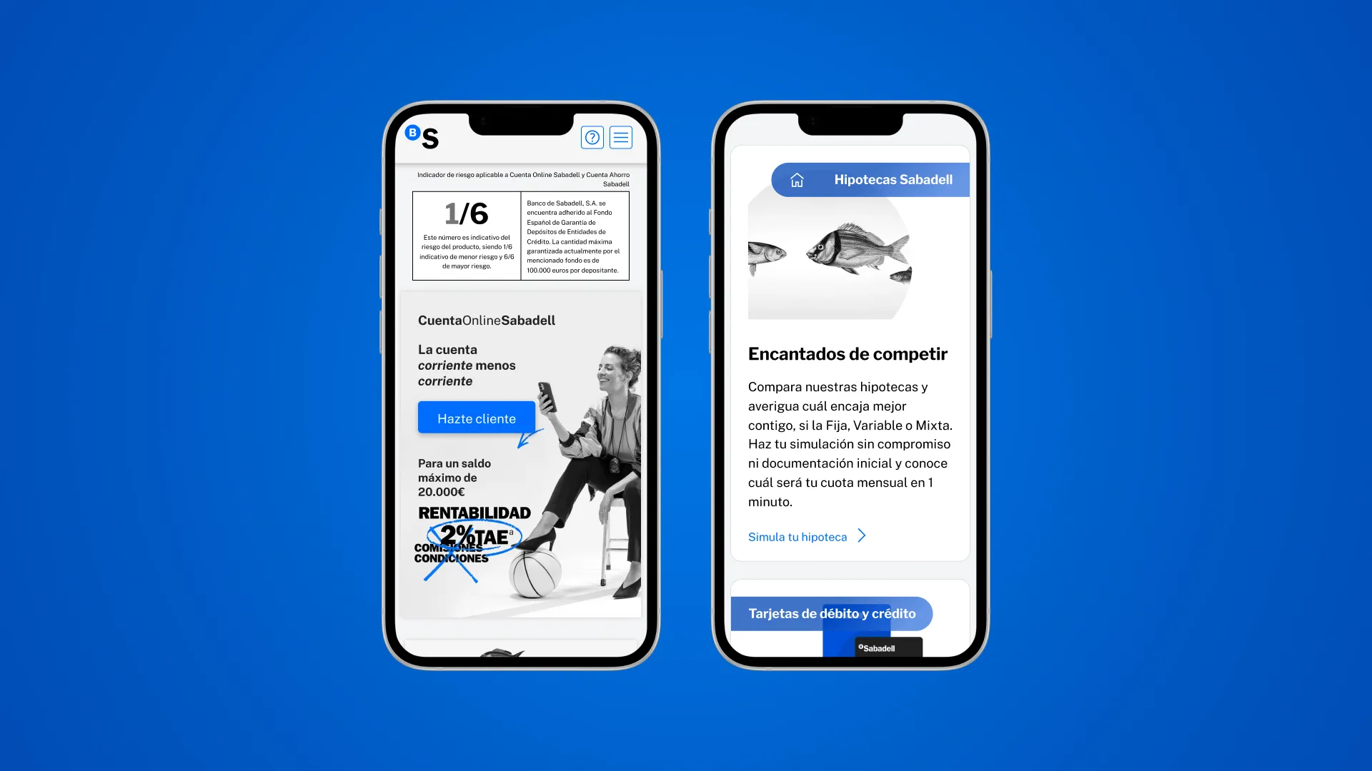 App móvil: home con resumen de cuentas y accesos rápidos