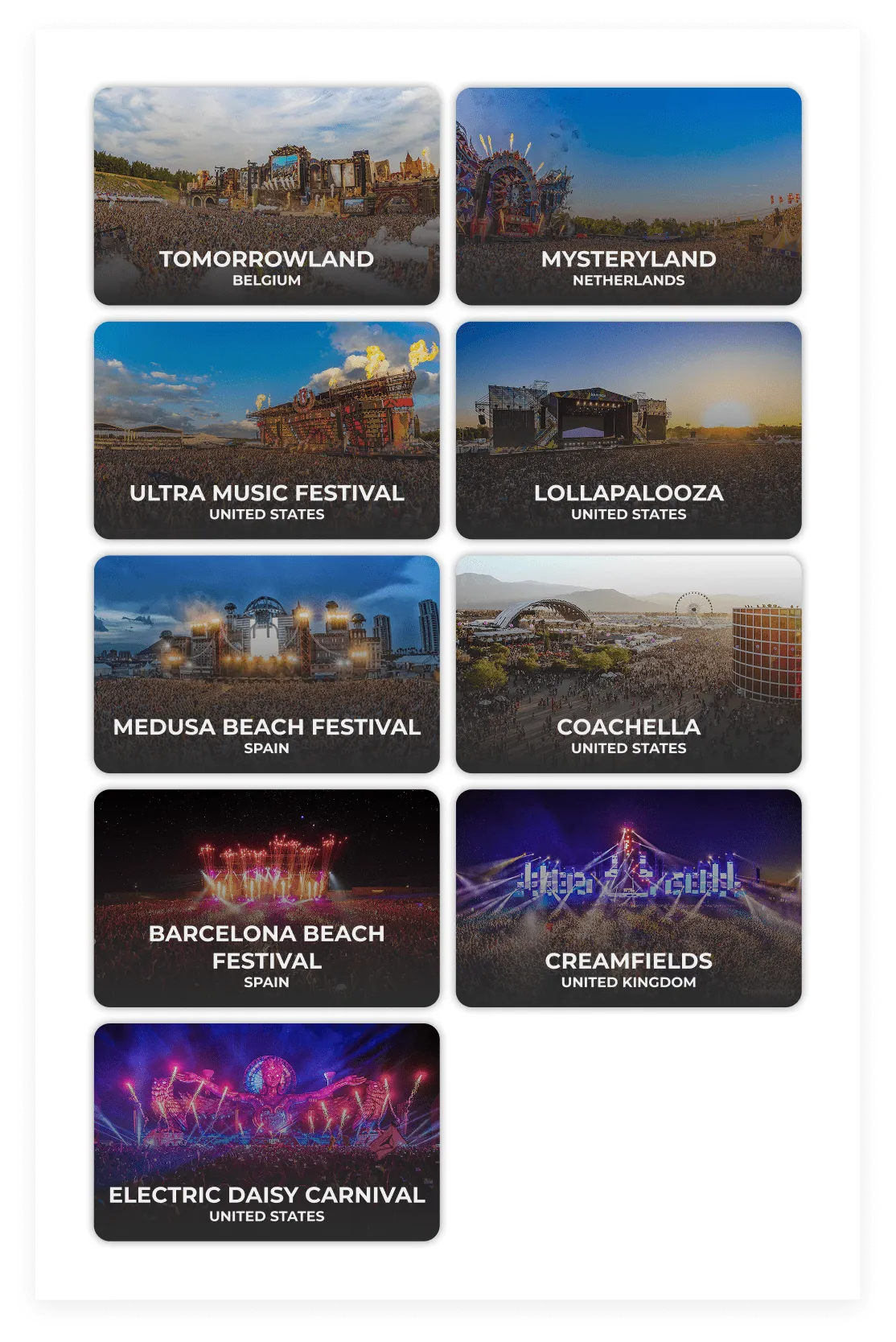 Vista de festivales — Eventos con información de un vistazo