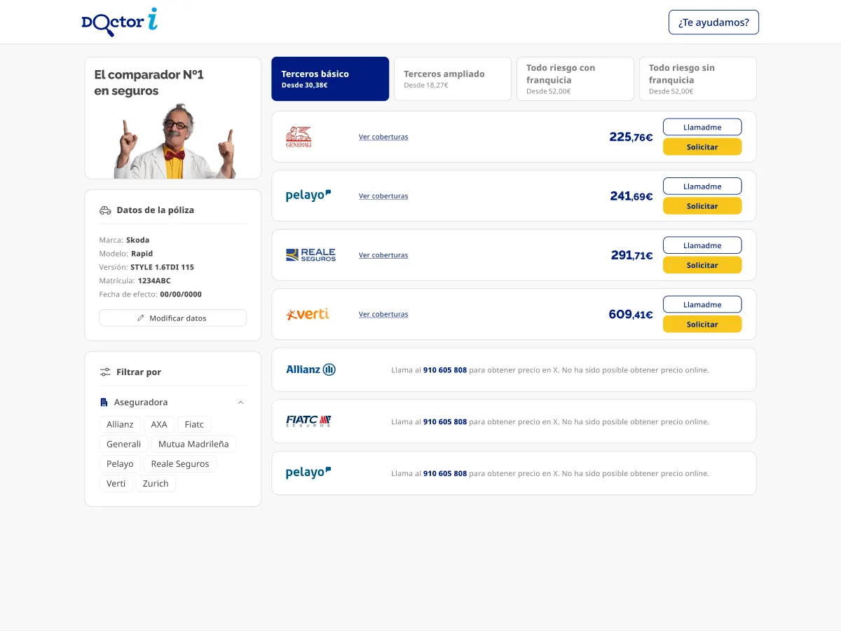 Comparativa real de precios — con aseguradoras sin cotización online mostradas igual, con CTA de llamada