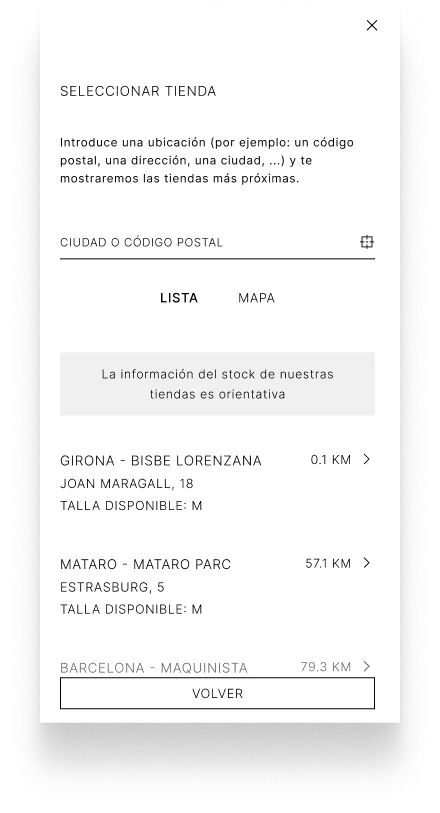 Selección de tienda sin stock en tiempo real ni contexto de servicio